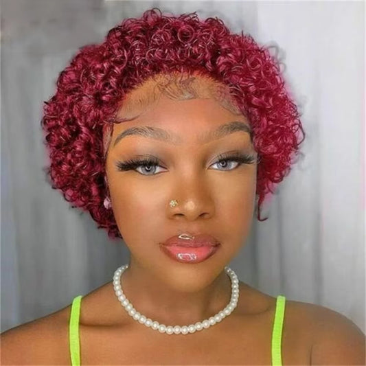 Pixie Cut 99J Color Lace Wig Spring Curl Short Human Hair Wig For Women Brazilian Burgundy Pixie Cut Wig