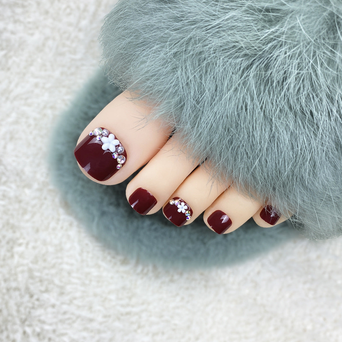 White Wine Red Toe Nails Finished Small Flower With Diamond Nail Patch