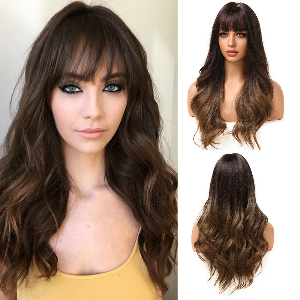 Air Bangs Big Wave Long Curly Hair Gradient Wig