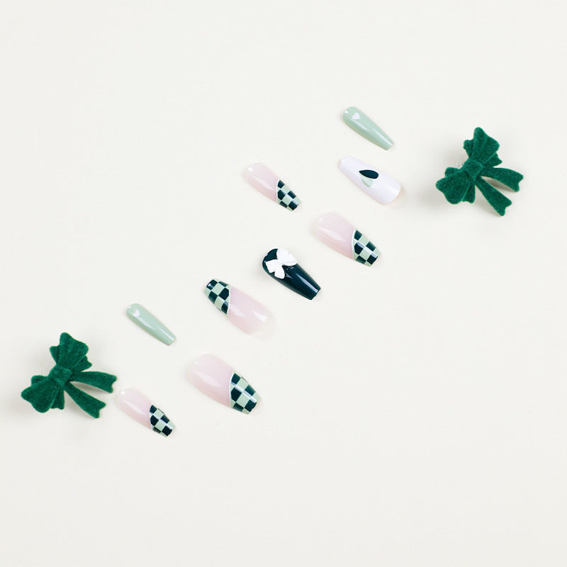 Wearing Nail Nail Stickers Matcha Chessboard Grid Manicure White Nail Patch Wearable Manicure Wholesale Nails