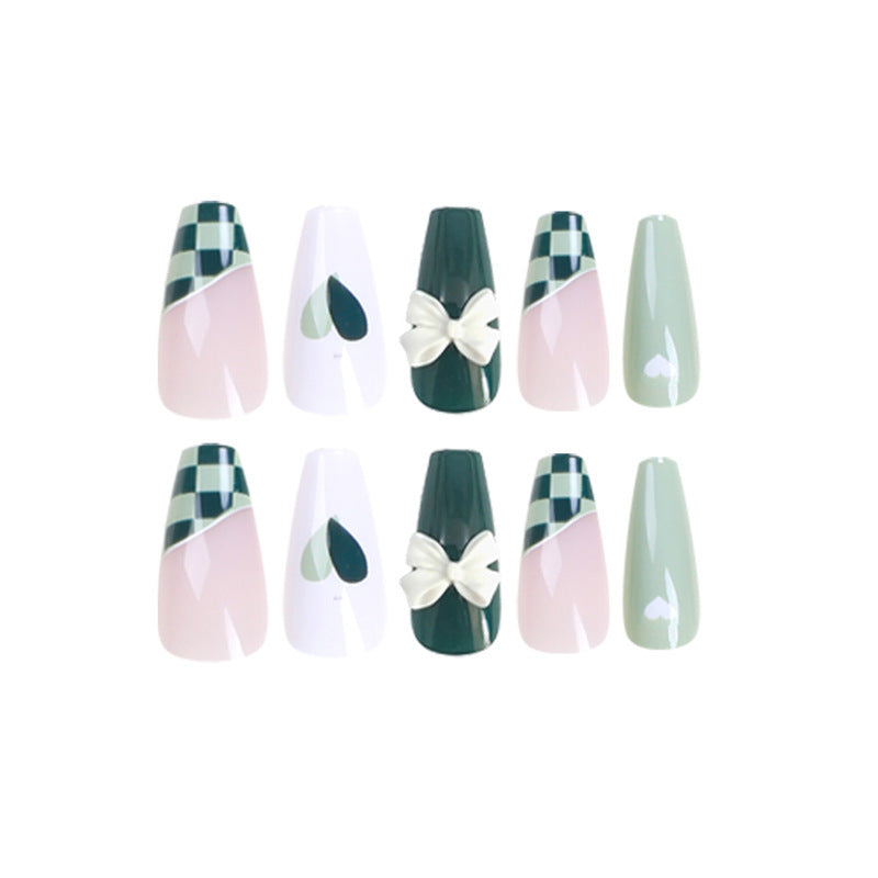 Wearing Nail Nail Stickers Matcha Chessboard Grid Manicure White Nail Patch Wearable Manicure Wholesale Nails