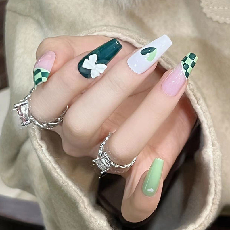 Wearing Nail Nail Stickers Matcha Chessboard Grid Manicure White Nail Patch Wearable Manicure Wholesale Nails